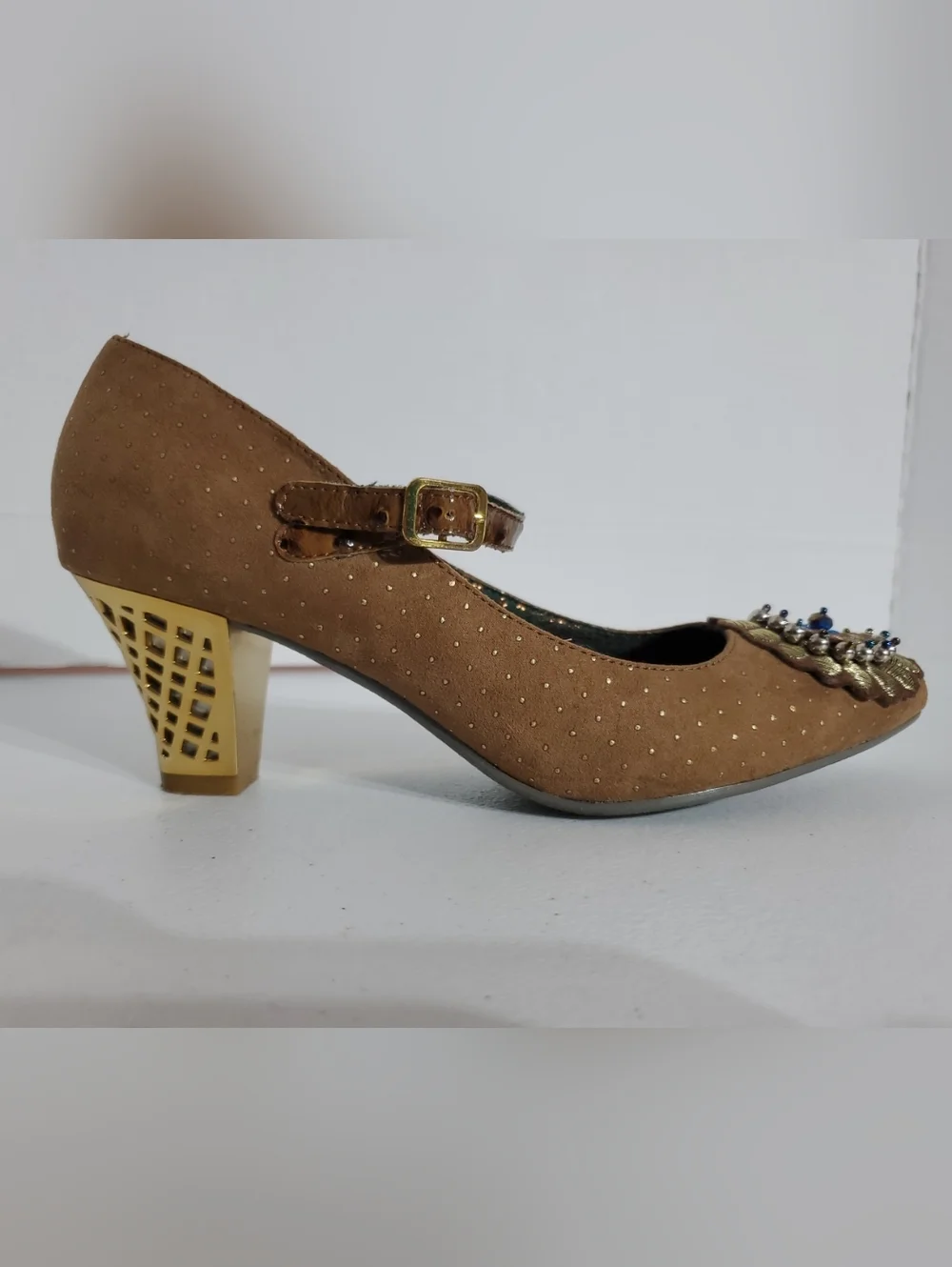 Poetic License Darla's Dream 6.5 Brown Mary Jane Heels Gold Embellishments - Picture 4 of 10